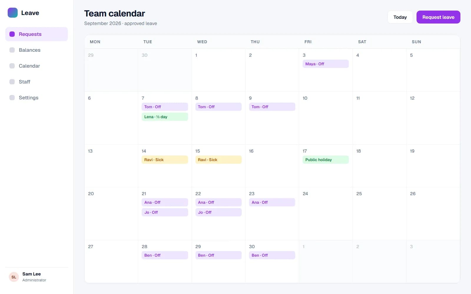 Team calendar showing approved leave