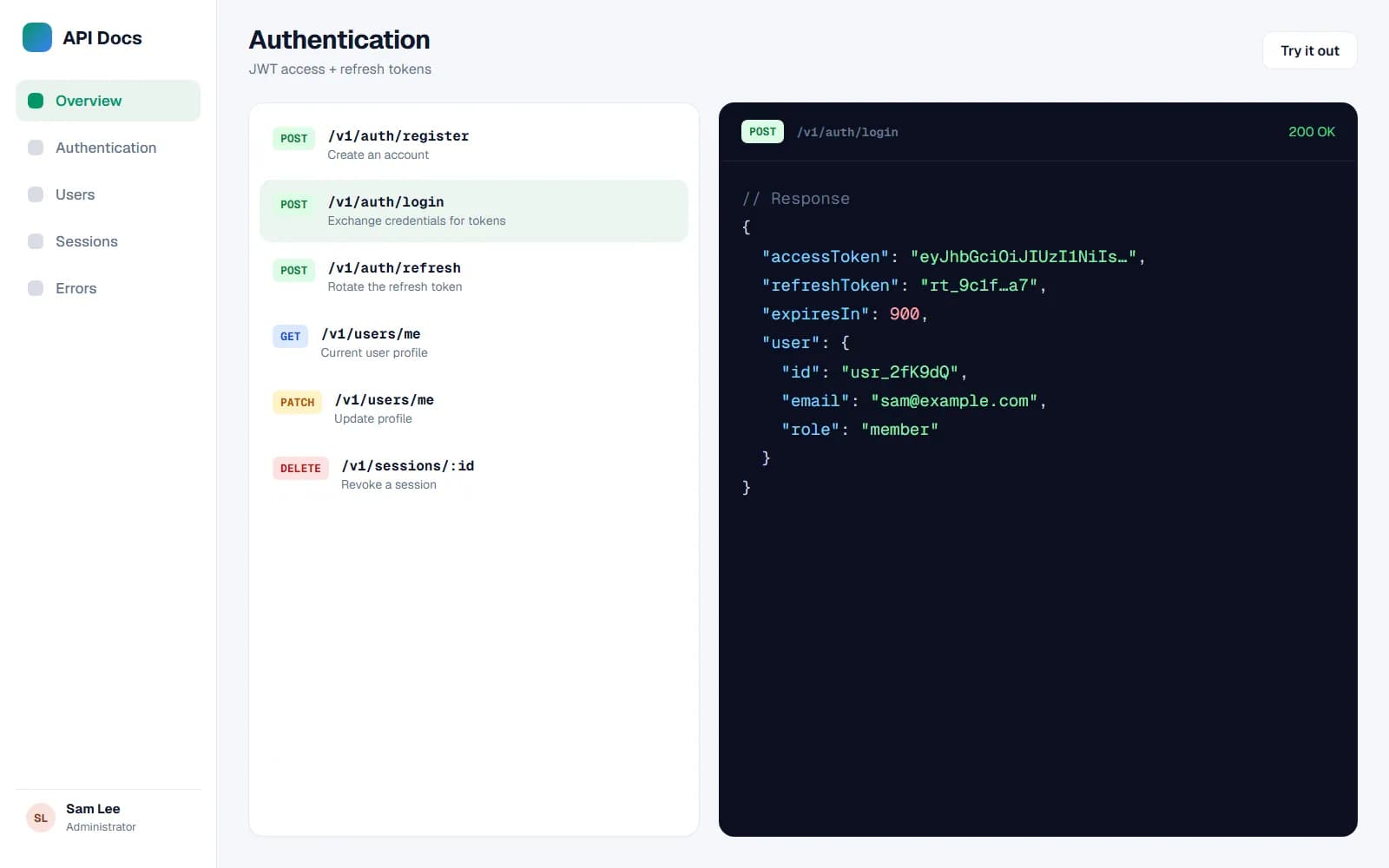 Interactive API documentation listing authentication and user endpoints