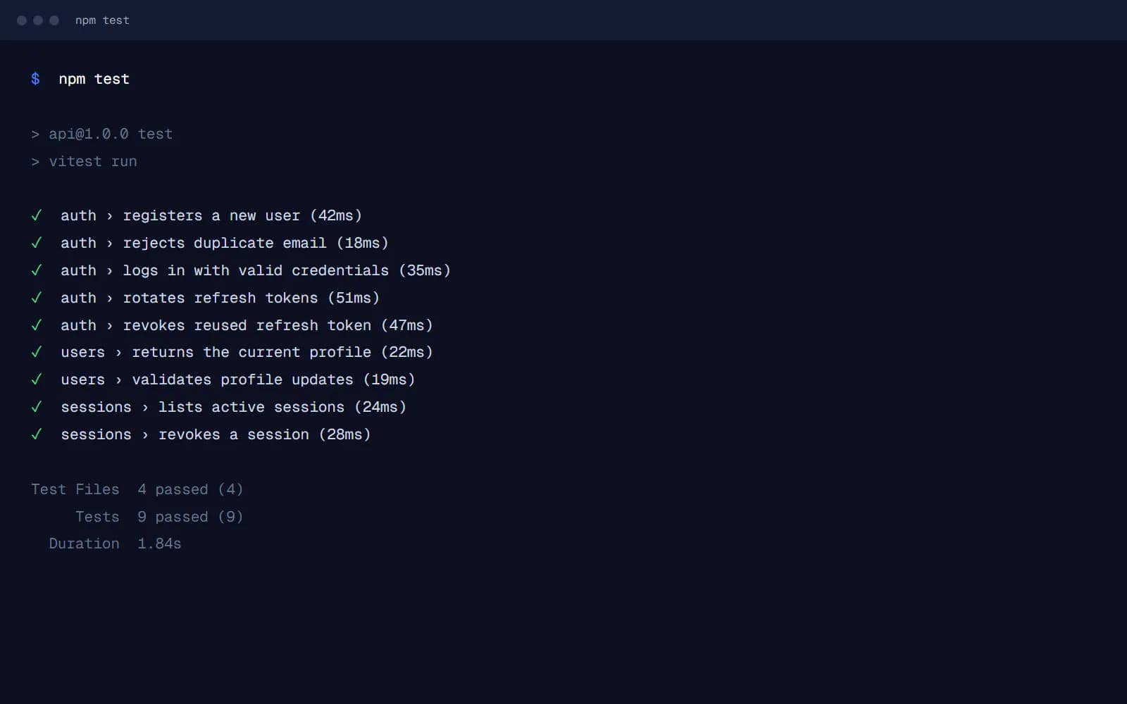 Terminal running the integration test suite with all tests passing